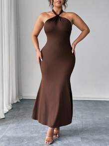 SHEIN PETITE CURVE Đầm suông cổ yếm đuôi cá màu trơn cỡ lớn cho nữ thanh lịch - Cà phê nâu - Xem 5
