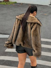 Muchica Plus Size Casual Turndown Collar Open Front Faux Fur Coat Winter Fall Autumn - Brown - View 2