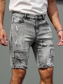 Manfinity LEGND Pantalones cortos informales de mezclilla desgastados para hombre, para verano