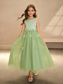 女孩高贵绿色圆领无袖3D花卉薄纱连衣裙，适合派对、宴会、度假、晚会、婚礼、花童表演、生日等场合 - 綠色 - 查看 6