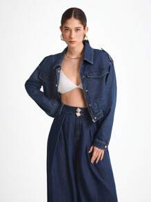 Daynim Women's Casual Long Sleeve Denim Short Jacket Loose Wide Leg Autumn