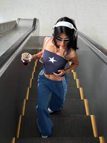 Muchica 女款海军蓝松紧腰侧条纹阔腿宽松休闲裤 - 霧霾藍 - 查看 3