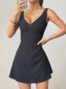 Flirla Women White Polka Dot V-Neck Backless Tied Dress, Bohemian Style, Casual And Sexy, Spring/Summer - Black - View 4