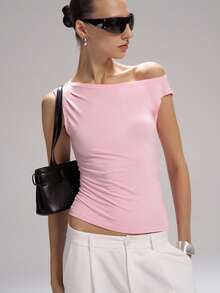 LYSMO Women's Casual Asymmetrical Shoulder Light Pink Blouse, Summer - Baby Pink - View 3