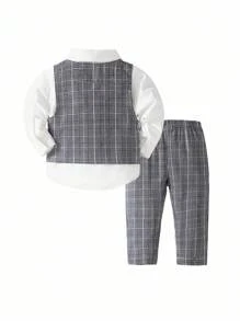 2pcs Boys Casual Suit Set, Including Striped Vest And Matching Suit Pants, Black And White Color Clash Gives A Refreshing Look, Accented With Amber-Color Double-Breasted Buttons On The Vest, Suitable For Birthday Party, Gathering, Performance, And Daily Outings Fall Winter