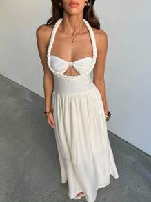 Aloruh 女士浪漫约会优雅度假扭绳纹理褶皱布纯白色A字腰亚麻长裙，女士约会连衣裙，女士夜间外出连衣裙，女士夏季连衣裙，女士蜜月装。女士婚礼宾客连衣裙。海岛度假装。，女士夏季连衣裙，女士婚礼宾客连衣裙，女士太阳裙，优雅派对连衣裙，女士生日连衣裙，女士性感俱乐部服装，女士波西米亚风服装，秋季婚礼宾客连衣裙