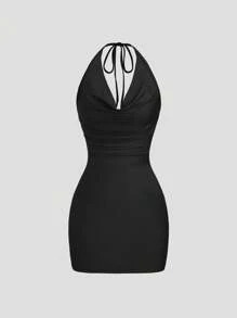 EgrlEra 女式夏季垂坠领露背性感迷你连衣裙，带金属圆形装饰