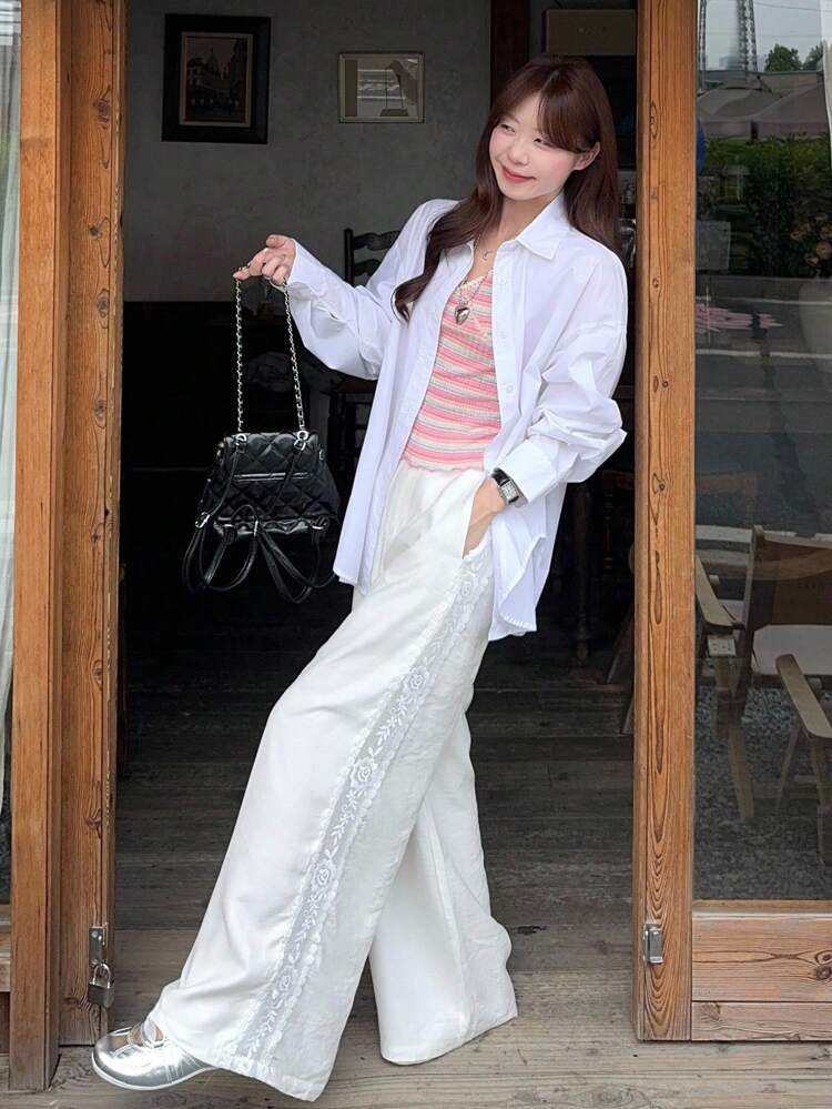 Women's Casual Versatile Solid Color Lace Patchwork Pants