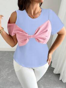 Elenzga Plus Size Faux Bow Decoration Contrast Color Elegant Short Sleeve T-Shirt - Mauve Purple - View 3