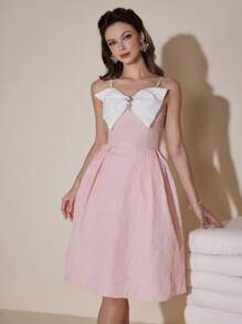 Poshira 法式优雅新款粉色迷你派对连衣裙，收腰修身蝴蝶结吊带连衣裙 - 粉色 - 查看 6