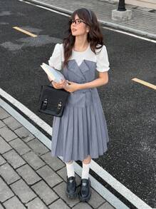 SHEIN 2 件套青少年女孩通勤风格白色拼接杏色短袖褶皱长裙，春夏 - 卡其色 - 查看 1