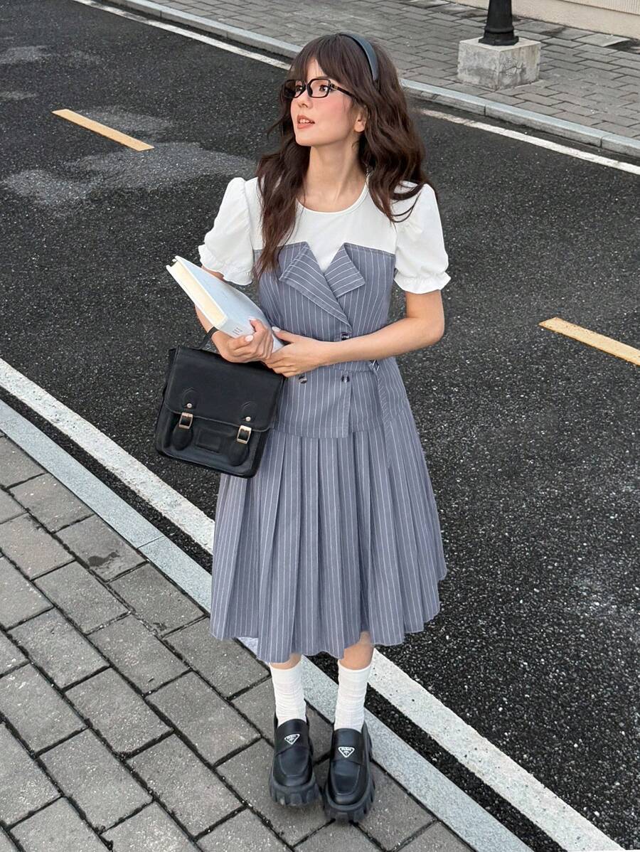 SHEIN 2 件套青少年女孩通勤风格白色拼接杏色短袖褶皱长裙，春夏 - 卡其色 - 查看 1