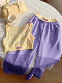 Comfortcana 2 件套女士夏季度假装，字母印花背心和撞色长裤，奶油黄和紫色 - 紫丁香色 - 查看 4