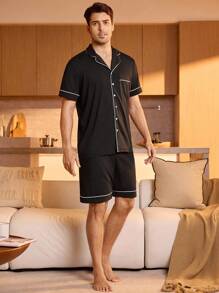 SHEIN 男士撞色滚边睡衣套装 / 睡衣套装 - 黑色 - 查看 3