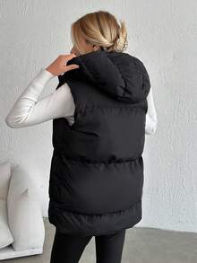 SHEIN Tall Tall Size Casual Zip Up Hooded Winter Coat Vest - Black - View 2