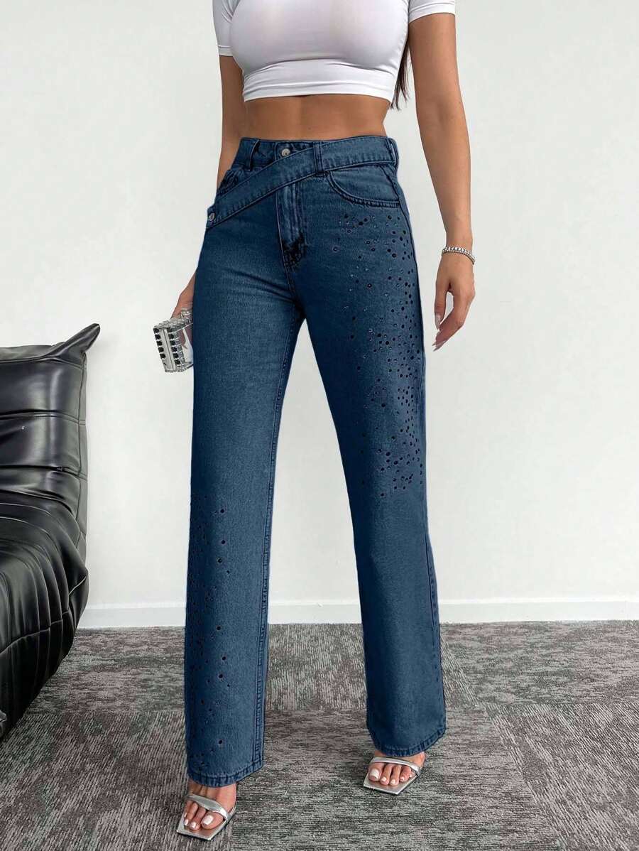 EURMUSE Women's Casual Distressed Rhinestone Straight-Leg Jeans - Teal Blue - View 1