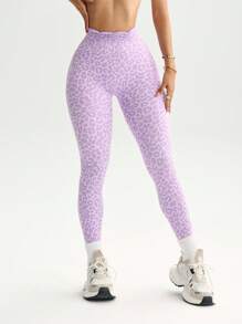 Dewbera 1 件郁金香印花 V 字背豹纹紧身裤，适合跑步、运动、瑜伽和健身 - 淡紫色 - 查看 2