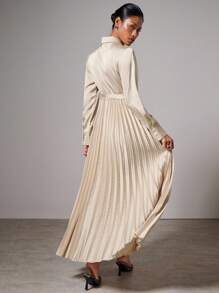 COSMINA Robe chemise longue pour femmes en satin élégant de couleur unie avec poche pliable, ourlet plissé et ceinture, printemps/automne - Nude - Voir 2