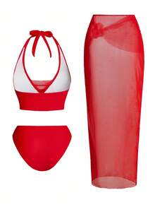 Swim Oasis Bộ bikini hở lưng họa tiết hoa 3D đi biển dành cho nữ kèm áo choàng và váy, mùa hè - Đỏ - Xem 2