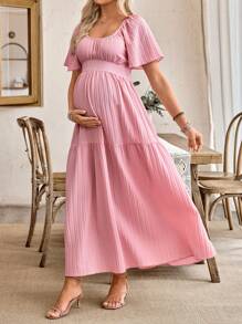 SHEIN Women's Casual Ruffle Sleeve Bow Back Design Maternity A-Line Dress - Pink - View 4