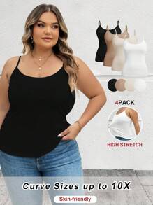 SHEIN CURVE+ 4pcs/Set Plus Size Women Plain Casual Camisole/Spaghetti Strap Tank Tops,Valentine Day - Multicolor - View 7