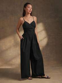 WESTFADE 春季府绸斜领蝴蝶结后背西部无袖可爱阔腿实用连体裤夏季海滩度假装 - 黑色 - 查看 5