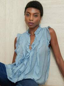 Aveloria Modichic Elegant Minimalist Layered Ruffle Hem Sleeveless Women Short Blouse - Blue - View 1