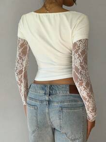 SHEIN EZwear Weiße Lässig Damen Kontrast Spitzen Langarm Rundhals figurbetontes T-Shirt