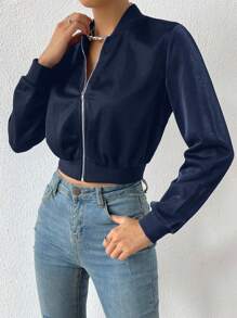 SHEIN EZwear Chaqueta bomber corta con cremallera de color sólido para primavera/invierno - Azul Marino - Ver 3