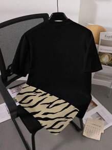 SHEIN 2 pièces/Set T-shirt à manches courtes imprimé lion décontracté pour adolescent garçon et short rayé tigre, été - Noir - Voir 2