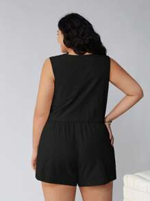 Solflare 2pcs/Set Plus Size Solid Color Sleeveless Vest And Shorts - Black - View 2