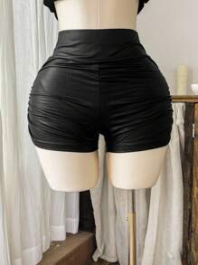 SHEIN EZwear Quần short da PU màu đen trơn, xếp ly, dáng ôm, cỡ lớn, quần short da đen, quần short cạp cao màu đen, quần short giả da, quần short biker cạp cao. - màu đen - Xem 4