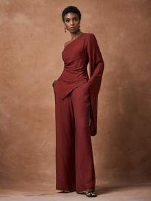 Zivah New Early Autumn Autumn Leisure Vacation Daily Dating Commuting Elegant Beach Cruise Party Simple Internet Celebrity Hot Style Flip One Shoulder Oblique Shoulder Flared Sleeves Short Front And Long Back Sleeves Long Oblique Hem Side Slits Side Seam Gathered Long Top + Elastic Waist Wide Leg Pants Super Long Pants Red Brown Fabric Women's Two Pieces Suit-B,Fall - Redwood - View 1