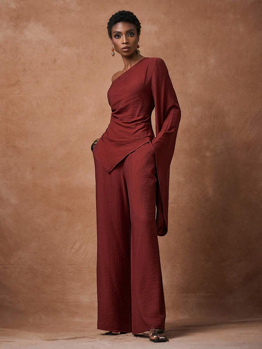 Zivah New Early Autumn Autumn Leisure Vacation Daily Dating Commuting Elegant Beach Cruise Party Simple Internet Celebrity Hot Style Flip One Shoulder Oblique Shoulder Flared Sleeves Short Front And Long Back Sleeves Long Oblique Hem Side Slits Side Seam Gathered Long Top + Elastic Waist Wide Leg Pants Super Long Pants Red Brown Fabric Women's Two Pieces Suit-B,Fall - Redwood - View 1