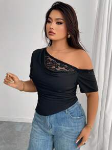 Elenzga Áo thun nữ cỡ lớn cổ bẻ bất đối xứng ren ghép thanh lịch - trắng - Xem 4