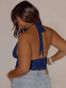 Aralina Áo thun nữ mùa hè cổ yếm viền ren viền cong cỡ lớn dễ thương co giãn - Màu xanh hải quân - Xem 6