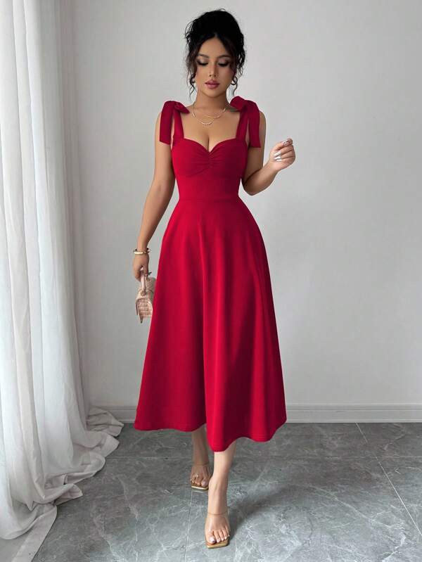 Elenzga Halloween, Christmas, Back To School Dress, Red Sleeveless Spaghetti Strap Tie Bow Waist A-Line Elegant Romantic Women Dress