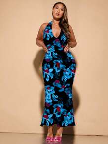 SHEIN BAE 大码女式夏季优雅度假日期花卉印花弹力网眼露背长裙 - 藍色 - 查看 3