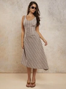 COSMINA 女士条纹印花休闲百搭细肩带中长连衣裙，条纹长裙，大地色条纹连衣裙，夏季连衣裙 - 彩色 - 查看 5