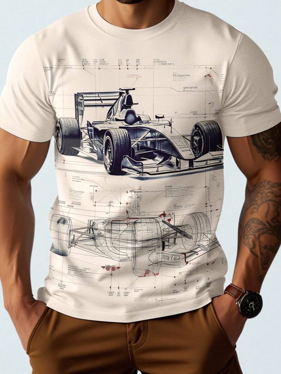Manfinity Homme Men's Casual Round Neck Short Sleeve Racing Print T-Shirt, Versatile Graphic Tee - Multicolor - View 1