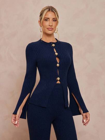 Lumalex 2 件套：金属装饰圆领长袖紧身高腰直筒喇叭形女式毛衣