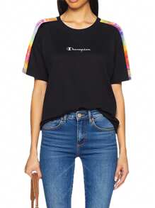 Champion 女式日常休闲圆领落肩短袖T恤 - 黑色 - 查看 1