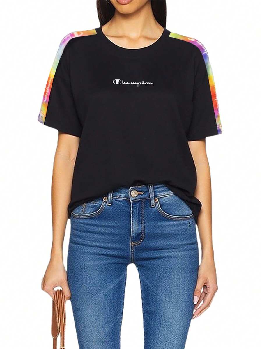 Champion 女式日常休闲圆领落肩短袖T恤 - 黑色 - 查看 1