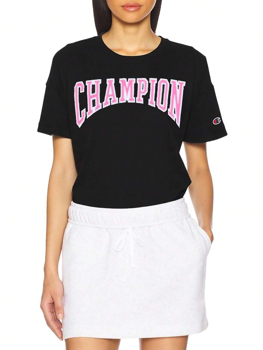 Champion Áo thun tay ngắn cổ tròn in chữ thường ngày cho nữ, mùa hè - màu đen - Xem 1