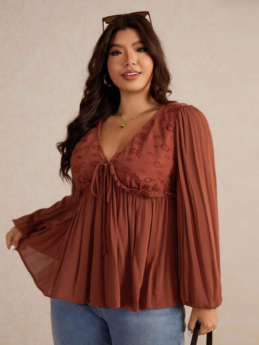 Elaquor 大码休闲度假纯色镂空刺绣拼布灯笼袖衬衫 - 鏽棕色 - 查看 1