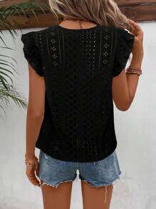 SHEIN Frenchy Women's Solid Color Round Neck Cap Sleeve Casual T-Shirt For Vacation Old Money Style Black Summer Holiday Resort - Black - View 2