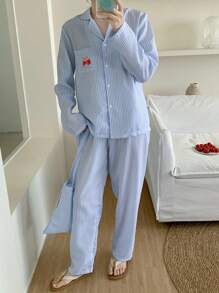 青少年女孩简约时尚休闲浅蓝色开衫和条纹刺绣长袖上衣配裤子睡衣套装蓝色条纹睡衣套装可爱睡衣套装纽扣睡衣套装浅蓝色睡衣女士睡衣套装 - 淺藍色 - 查看 6