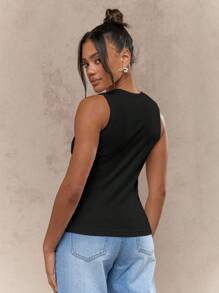 MISSGUIDED 时尚纽扣开衩无袖吊带背心，适合办公室、职场、商务休闲夏季穿着，专业上衣 - 黑色 - 查看 2