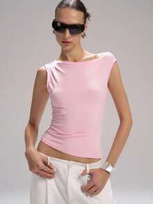 LYSMO Women's Casual Asymmetrical Shoulder Light Pink Blouse, Summer - Baby Pink - View 4