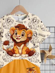 SHEIN 2pcs Baby Boy Casual Cartoon Lion Graphic Round Neck Short Sleeve T-Shirt And Shorts Set, Suitable For Summer